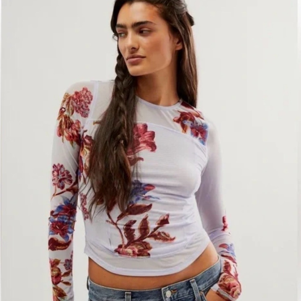 Free People Betty's Garden Blue combo Long-Sleeve Floral Print Top